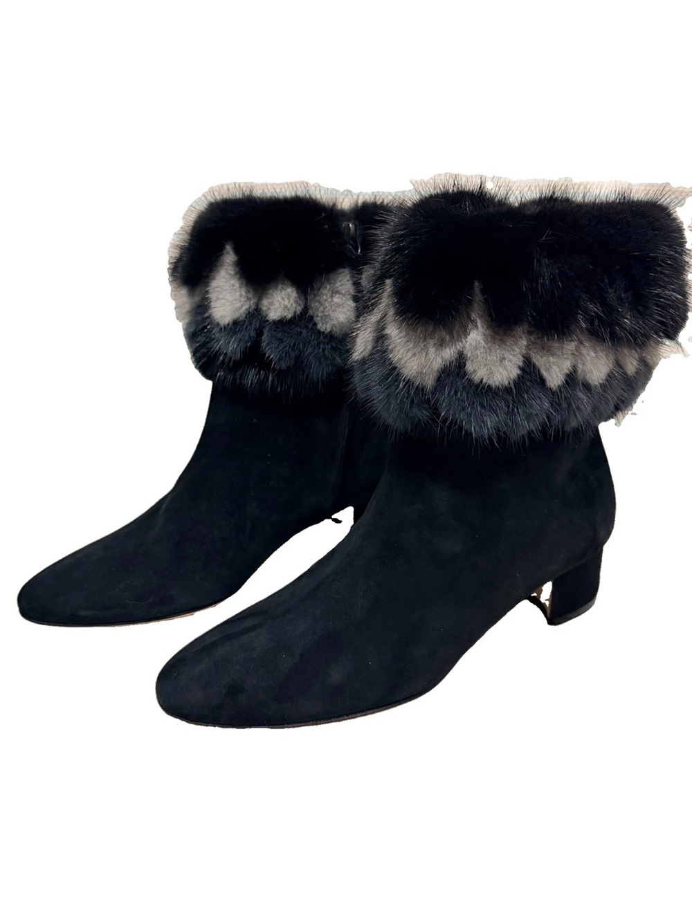 Manolo Blahnik Black Suede Ankle Boots with Mink Fur Trim